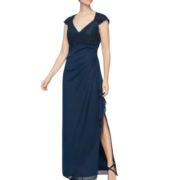 New Alex Evenings Navy blue formal ruched side gown sequined bodice size 6 - Picture 4 of 9
